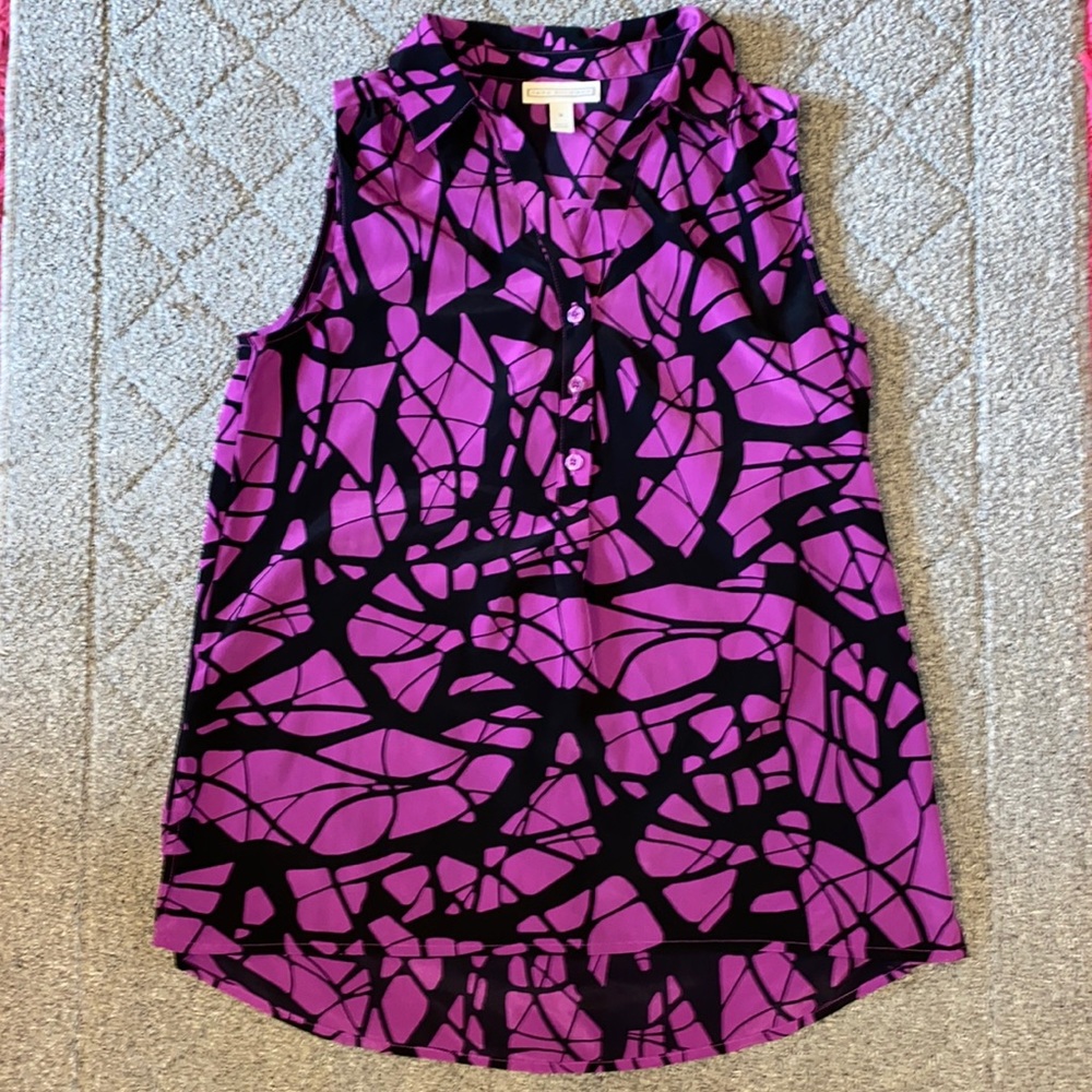 Dana Buchman Purple and Black Abstract Sleeveless Button Up V Neck Collard Top